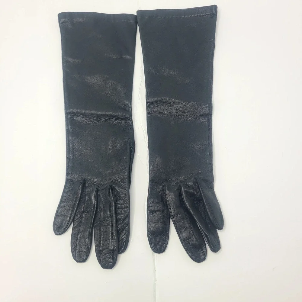 Vtg Black Leather Gloves 6 Table Cut Silk Lined Van Raalte Opera Chic Classy